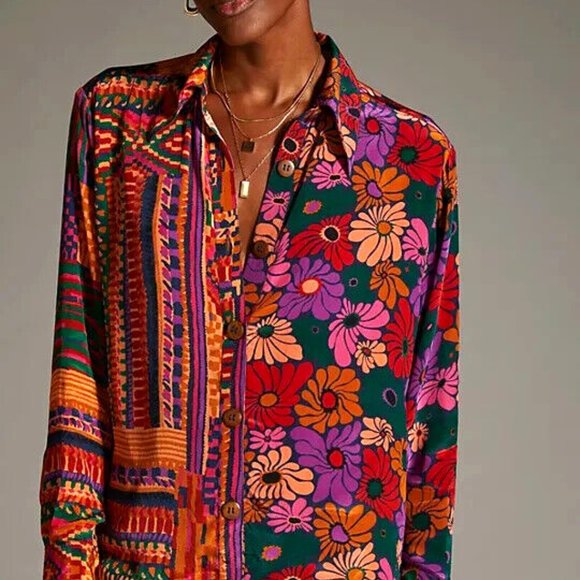 Farm Rio Anthropologie S NWT Classic Button Down Shirt Floral Tropical Blouse - Picture 6 of 9